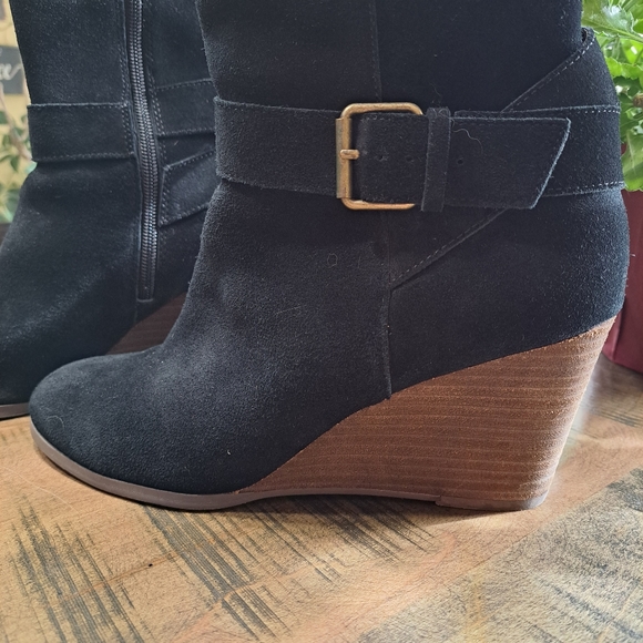 Womens Suede Leather Wedge Heel Knee High Tall Boots Size 10 Black - Picture 2 of 7